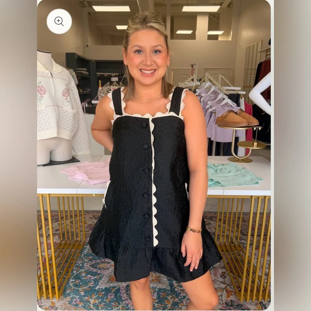 Black Mini Dress with Cream Scalloped Trim - Picture 3 of 10